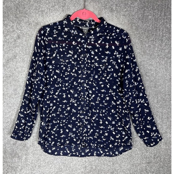 Eddie Bauer Bird Print‎ Crinkle Semi Sheer Button Up Top Womens Size PL Blue - Picture 1 of 11